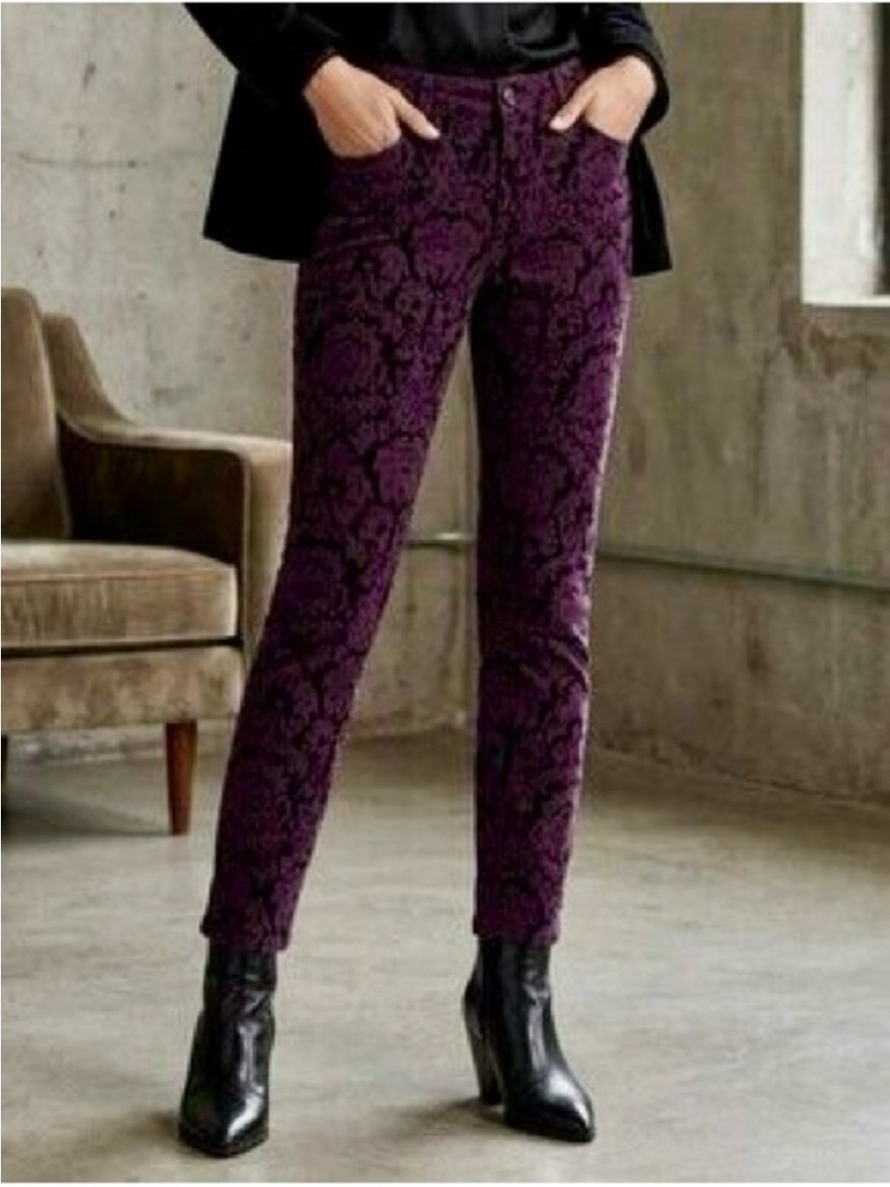 Banana Republic x Loren Scott Plum Purple Velvet Pants 27 Damask Print